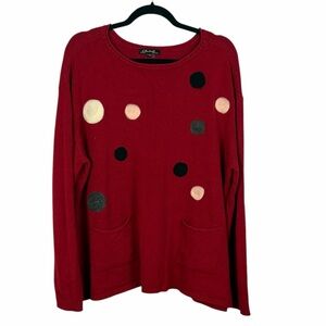 Charlie B Casual Polka Dot Long Sleeve Knit Sweater Patch Pockets XXL Red